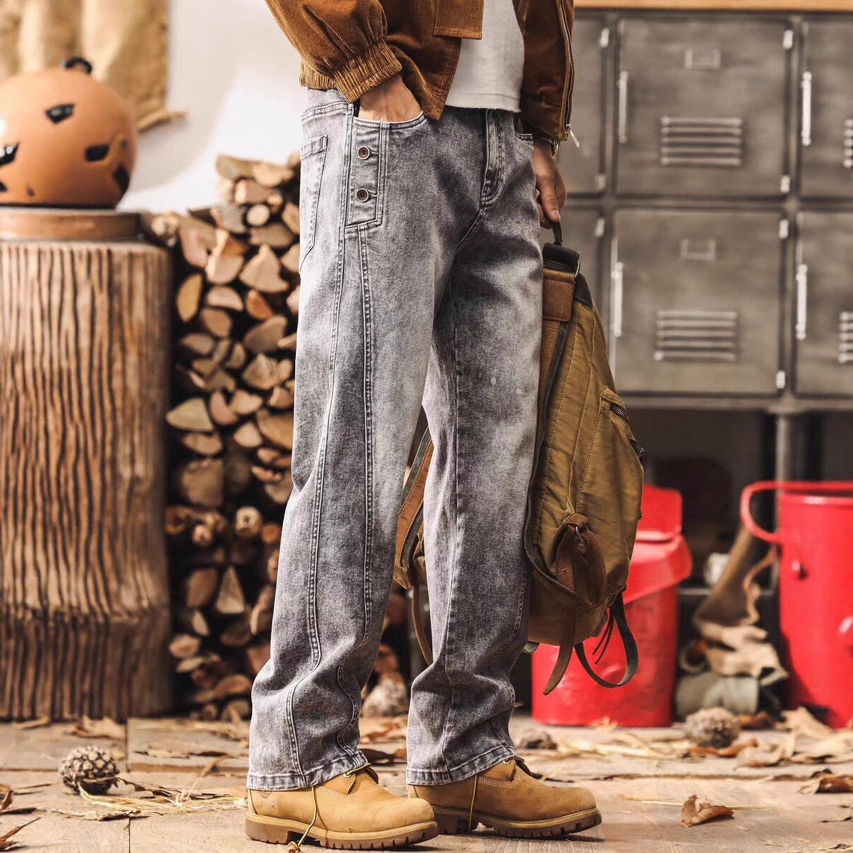 美式复古烟灰色牛仔裤男直筒2025新款工装裤子男秋季潮牌休闲长裤