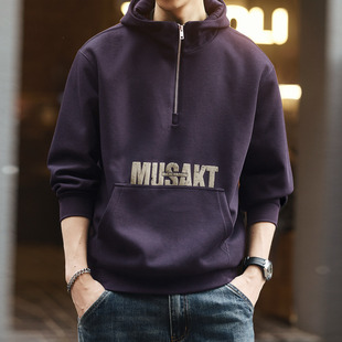 高端美式高级感印花连帽卫衣男士2025秋冬新款潮流半拉链上衣外套