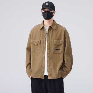 衬衫 长袖 男士 美式 衬衣男 外套春秋款 山系复古高密重磅珠帆棉感工装