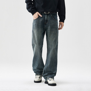 美式高街牛仔裤男复古宽松阔腿痞帅休闲微喇叭长裤子男vibe风男装