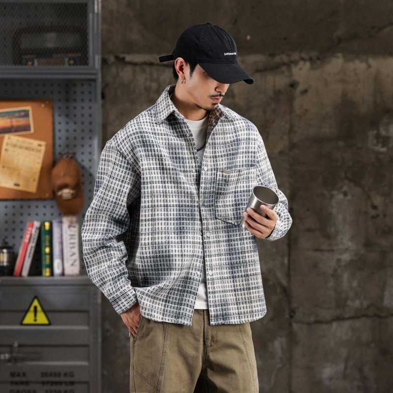 美式复古色织条纹长袖衬衫外套男宽松重磅小众夹克衬衣户外工装潮