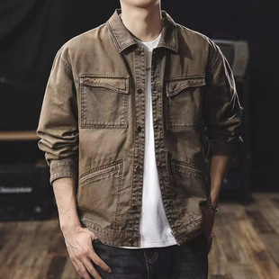 牛仔外套男士 工装 秋季 休闲猎装 夹克 大码 370g重磅纯棉砂洗硬汉美式