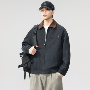 美式潮牌翻领拼色痞帅工装夹克男高级感飞行员复古外套2025秋冬季
