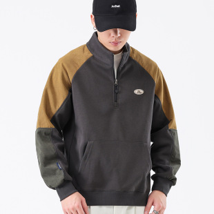 卫衣男款 复古半拉链拼接立领插肩袖 美潮高街上衣 高端美式 秋冬新款