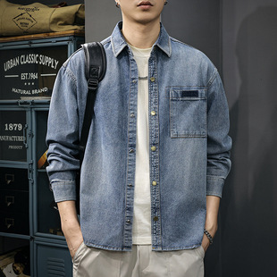 衬衫 秋季 重磅牛仔工装 美式 男复古潮牌痞帅衬衣翻领夹克外套潮 新款