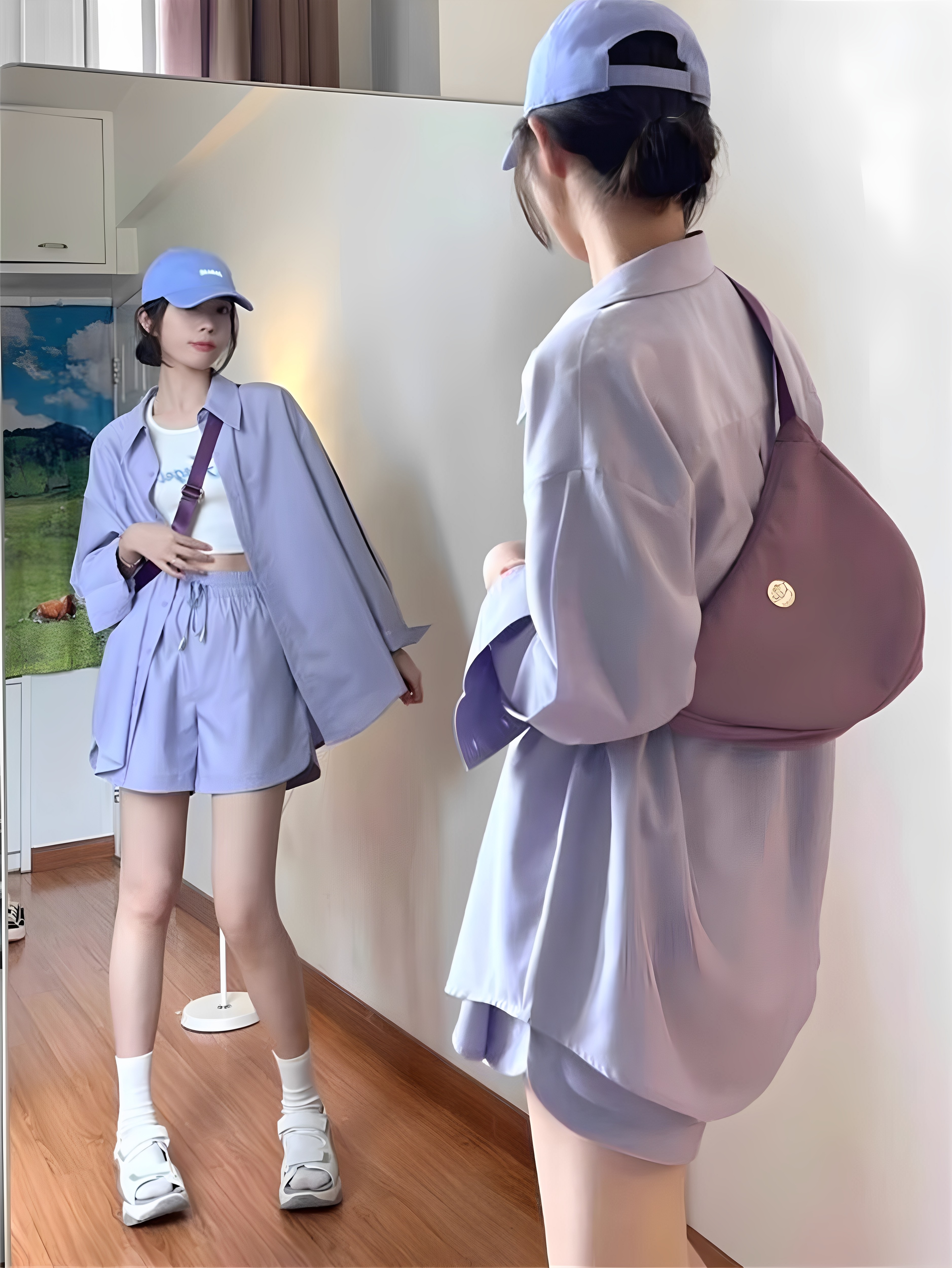 2025春装搭配一整套紫色防晒衬衫上衣阔腿短裤宽松休闲两件套装