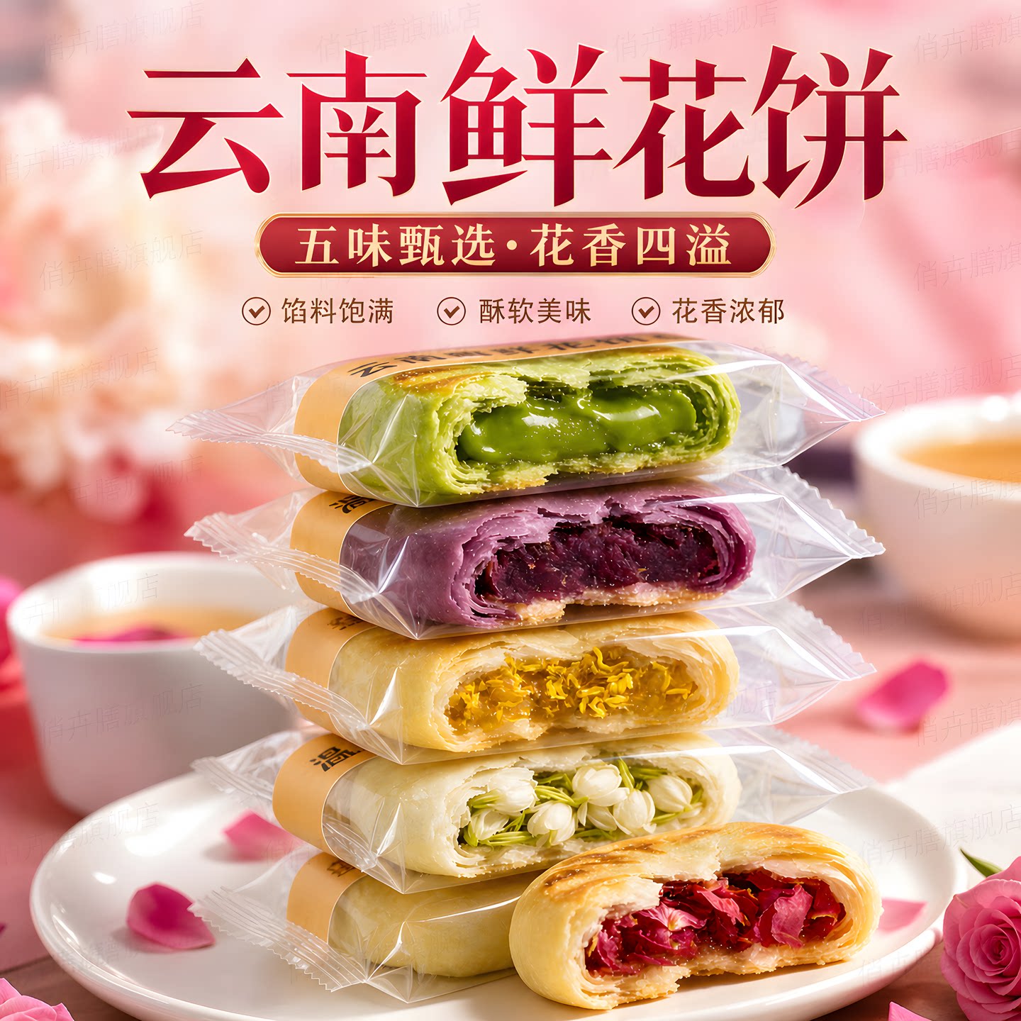 云南特产鲜花饼玫瑰花紫薯抹茶茉莉桂花糕点早餐官方旗舰店正品