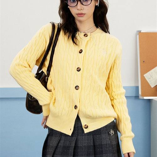 GNEMOAH法式奶黄色麻花毛衣开衫黄色针织衫女秋季长袖修身外套