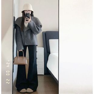 灰色双面仿羊绒大衣女冬季新款针织领大翻领仿羊毛双面呢短款外套