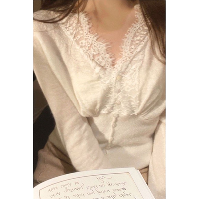性感辣妹风蕾丝拼接V领针织开衫女秋冬季大码胖妹妹修身打底上衣