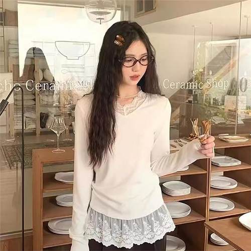 cozydays蕾丝下摆花边打底衫女2025新款T恤内搭秋冬叠穿长袖上衣