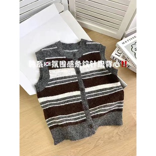 吵吵家条纹马甲女冬季针织背心灰色软糯宽松毛衣开衫叠穿坎肩上衣