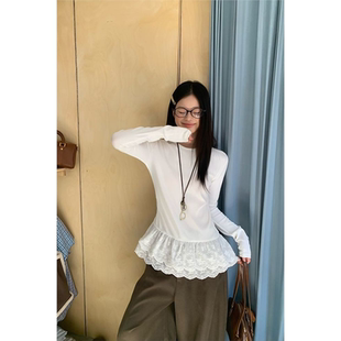 宋正恩白色蕾丝花边内搭打底衫女冬季叠穿韩系时尚长袖t恤小上衣