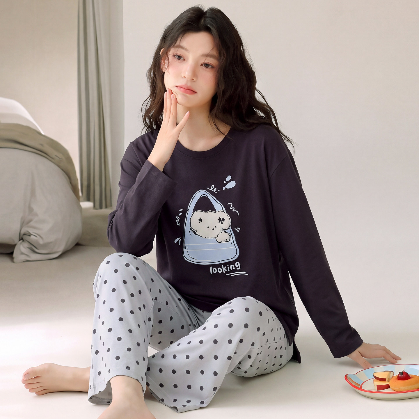 纯棉春秋女可外穿长袖家居服套装