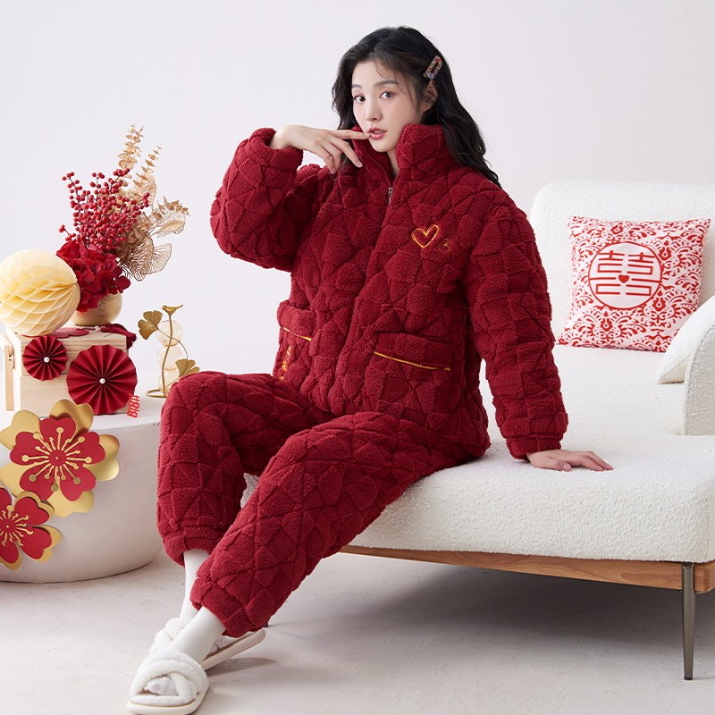 加长版高个子长腿女士冬季大红色棉袄三层加厚珊瑚绒夹棉睡衣套装