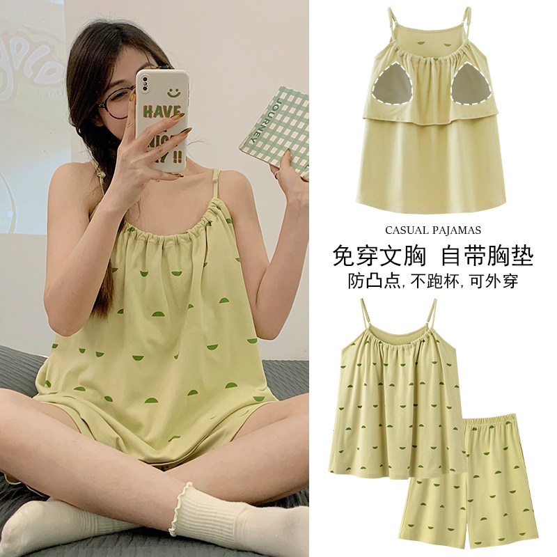 4XXXXL胖MM吊带短裤夏装睡衣纯棉套装自带固定胸罩家居服薄款女款