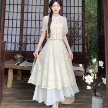 两件套新中式中国风拼接套装连衣裙夏季新款复古旗袍短袖上衣气质