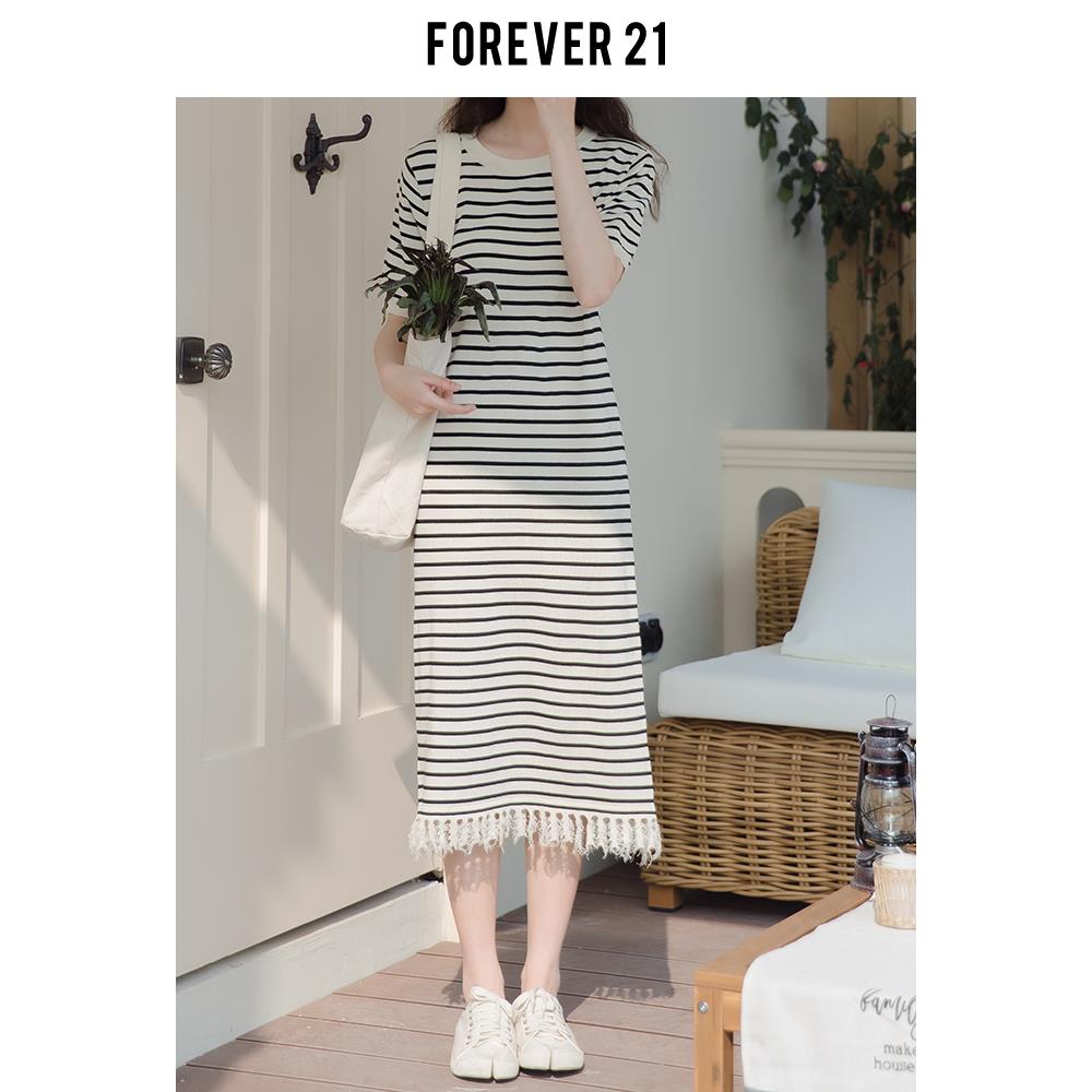 Forever 21流苏条纹针织连衣裙女2024年春季撞色休闲短袖中长裙子