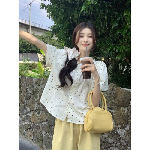 慵懒风韩系甜美休闲波点短袖衬衫女夏款淑女气质上衣宽松小衫衬衣