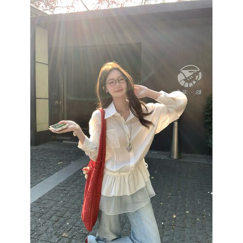法式气质高级感白色长袖衬衫女春夏季宽松休闲拼接荷叶边衬衣上衣