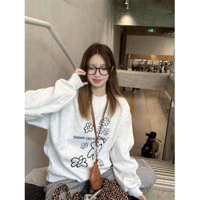 无帽圆领加绒加厚长袖卫衣女秋冬韩系花朵印花宽松休闲慵懒风上衣