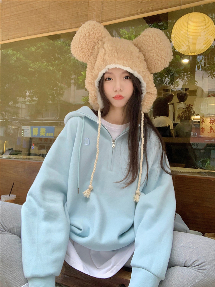 连帽卫衣外套韩系慵懒风厚半拉链