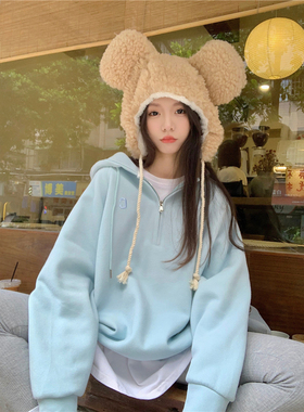 蓝色连帽卫衣外套韩系慵懒风加厚加绒女秋冬宽松小众半拉链上衣