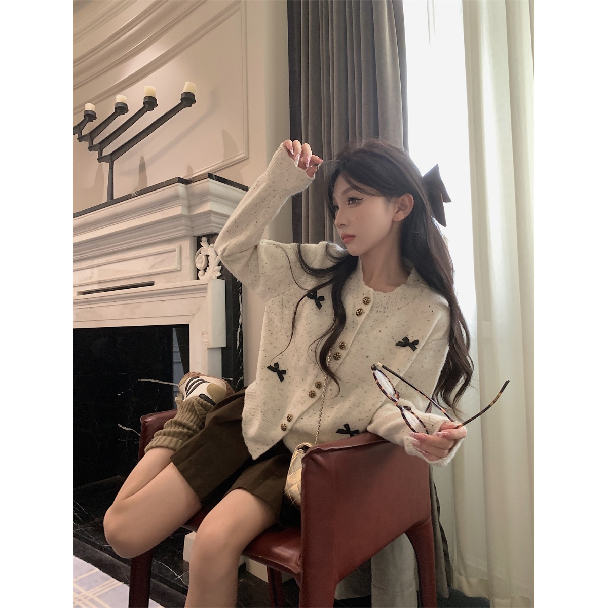 短款宽松慵懒针织毛衣开衫外套女秋冬设计感蝴蝶结甜美温柔风上衣