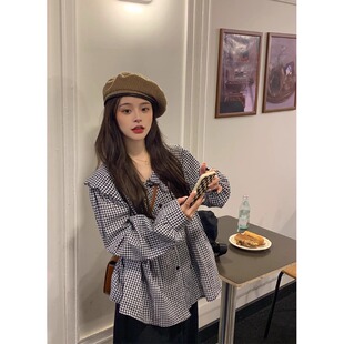 娃娃领格子衬衫女早春2026新款韩系上衣法式高级休闲宽松慵懒衬衣