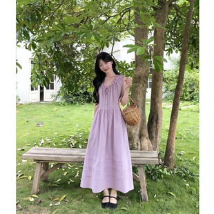 甜美风紫色宽松V领无袖背心连衣裙女夏季收腰气质甜美休闲长裙子