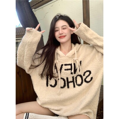 宽松慵懒风连帽套头毛衣女秋冬
