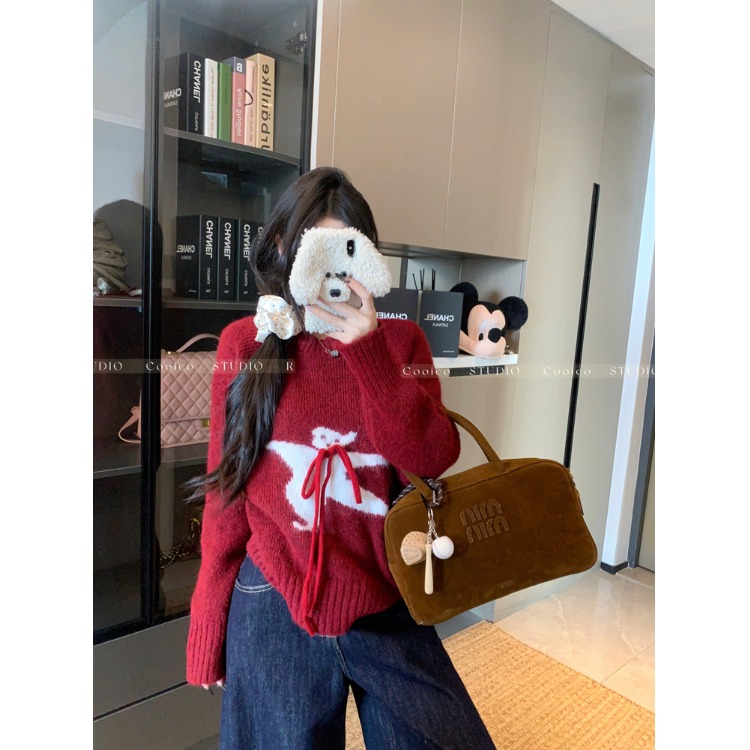 卡通小熊套头红色毛衣女秋冬季宽松慵懒高级感休闲针织衫韩系上衣