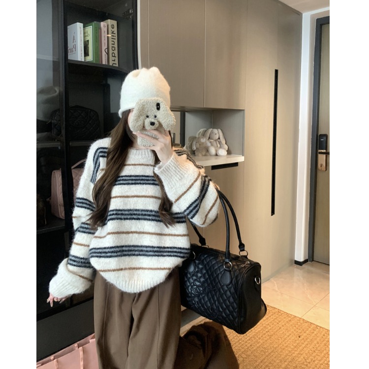 韩系少女风撞色条纹套头毛衣女秋冬季慵懒宽松休闲厚实针织衫上衣