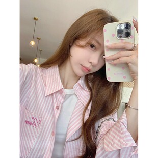 字母刺绣长袖粉色条纹衬衫外套女春秋慵懒风休闲衬衣宽松韩系上衣
