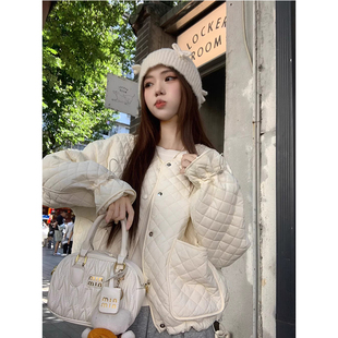 轻薄保暖韩系棉服外套女款2025新款冬季短款宽松菱格冬装棉袄棉衣