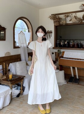 温柔风国风裙子短袖新中式蓝色连衣裙女夏收腰显瘦气质盘扣长裙
