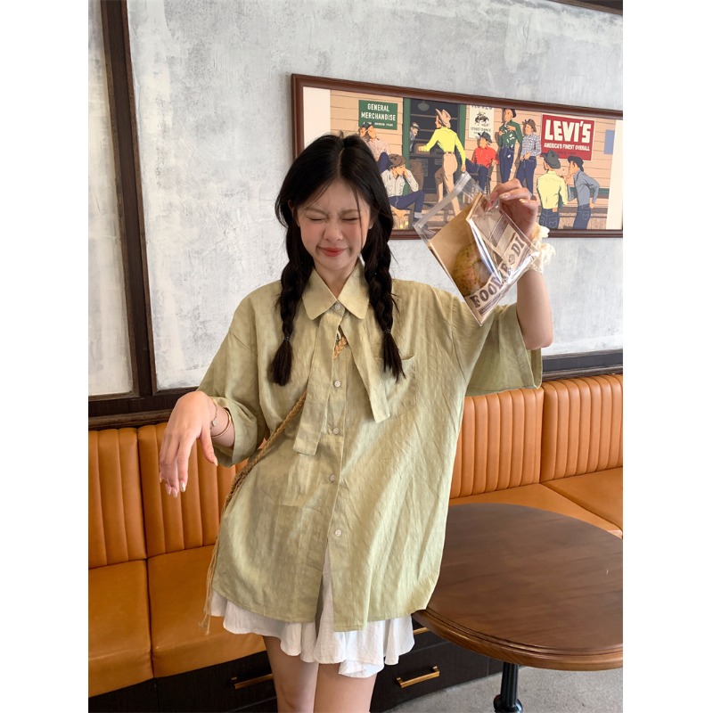 休闲日系薄荷绿色短袖衬衫女夏款设计感衬衣韩版宽松法式甜美上衣