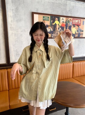 休闲日系薄荷绿色短袖衬衫女夏款设计感衬衣韩版宽松法式甜美上衣