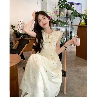 背心裙长裙 连衣裙女夏收腰气质小飞袖 法式 高级温柔风碎花新中式