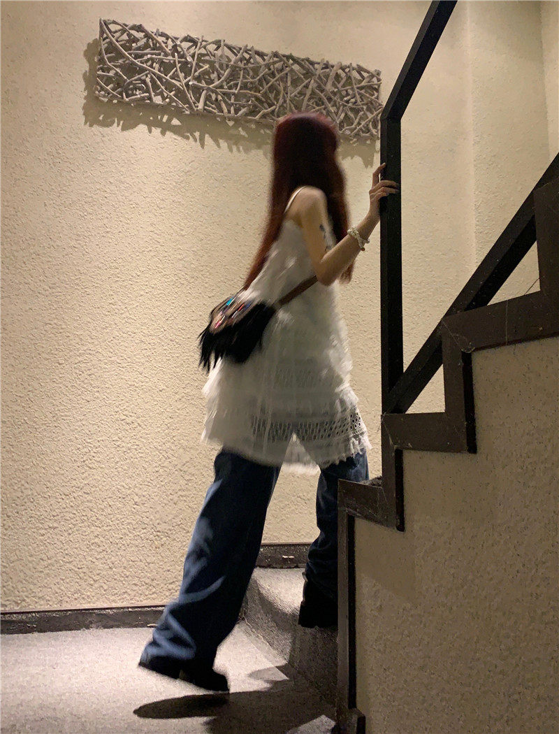 小众设计气质叠穿吊带连衣裙女春夏2025新款法式镂空白色裙子短裙