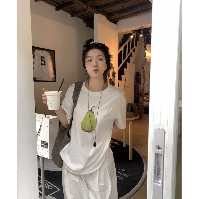独特梨子印花短袖T恤女2025新款白色纯棉宽松慵懒半袖夏季上衣
