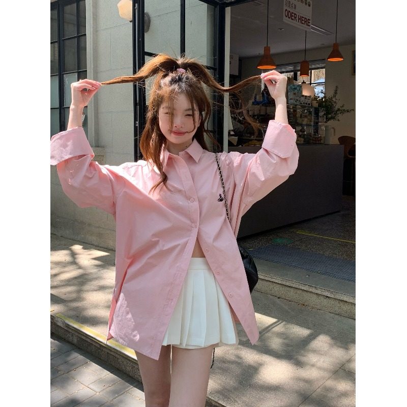 休闲气质粉色衬衫外套女春季新款小众刺绣慵懒宽松衬衣韩系上衣