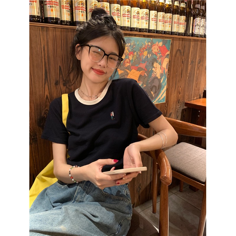 刺绣短袖正肩T恤女新款2025夏季甜辣风港风韩系chic宽松显瘦上衣