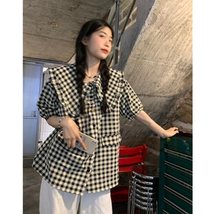 法式复古日系格子短袖娃娃领衬衫女夏季宽松慵懒风休闲衬衣上衣