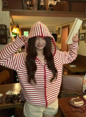 条纹连帽韩系针织开衫女秋冬季2025新款慵懒宽松百搭毛衣外套上衣