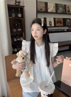 白色女衬衫夏季新款设计感小众法式小飞袖无袖上衣韩版宽松衬衣