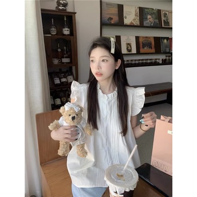 白色女衬衫夏季新款设计感小众法式小飞袖无袖上衣韩版宽松衬衣