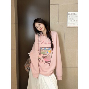 粉色韩系休闲长袖 2026新款 上衣 卫衣女春秋季 慵懒风宽松圆领薄款