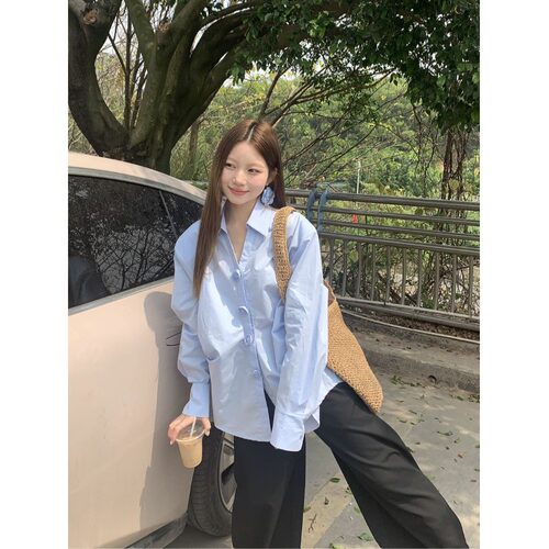 法式高级蓝色衬衫女2026春秋季宽松休闲气质衬衣V领薄款韩系上衣