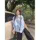 宽松休闲气质衬衣V领薄款 女2026春秋季 韩系上衣 高级蓝色衬衫 法式